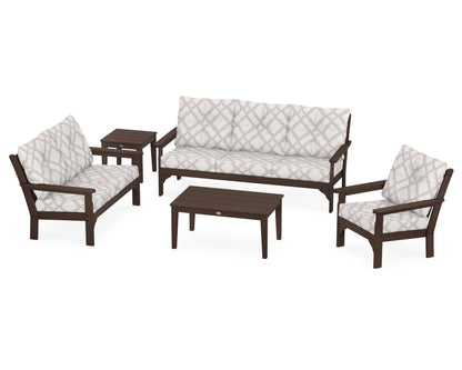 POLYWOOD® Vineyard 5 Piece Deep Seating Set in Mahogany / Trellis Dune Burlap