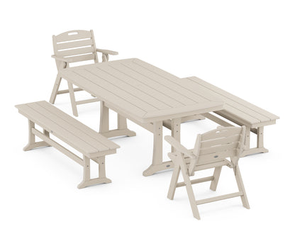 POLYWOOD® Nautical Folding Lowback Chair 5-Piece Dining Set with Trestle Legs and Benches in Sand