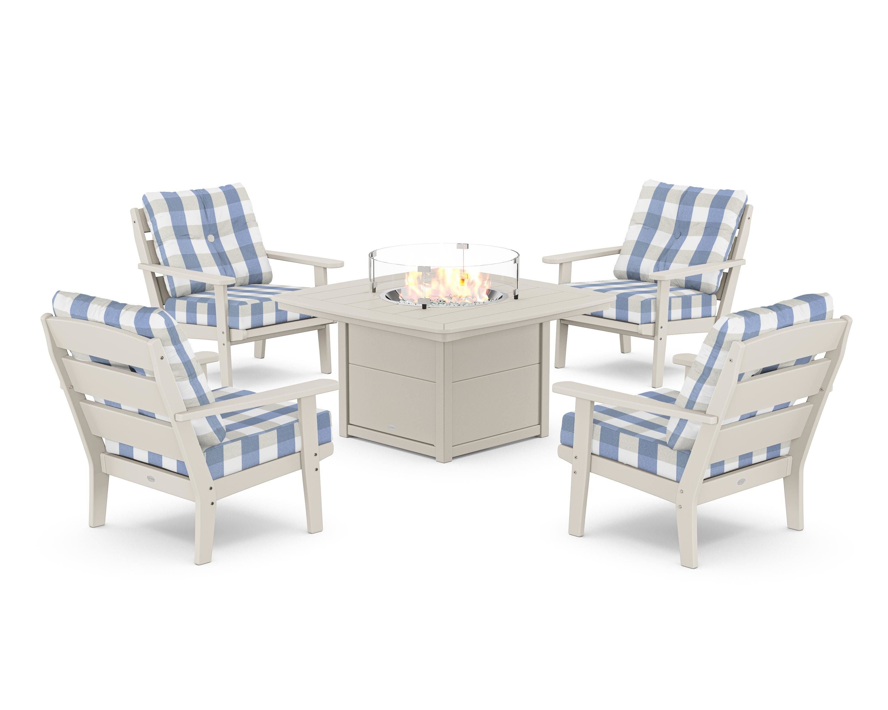 POLYWOOD® Lakeside 5-Piece Deep Seating Set with Nautical Fire Pit Table in Sand / Buffalo Plaid Sky Blue