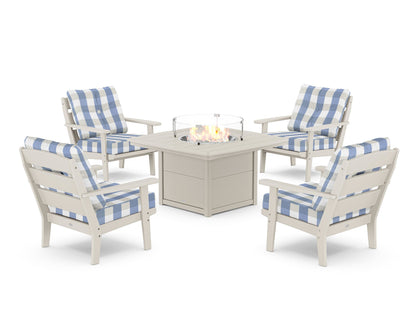 POLYWOOD® Lakeside 5-Piece Deep Seating Set with Nautical Fire Pit Table in Sand / Buffalo Plaid Sky Blue