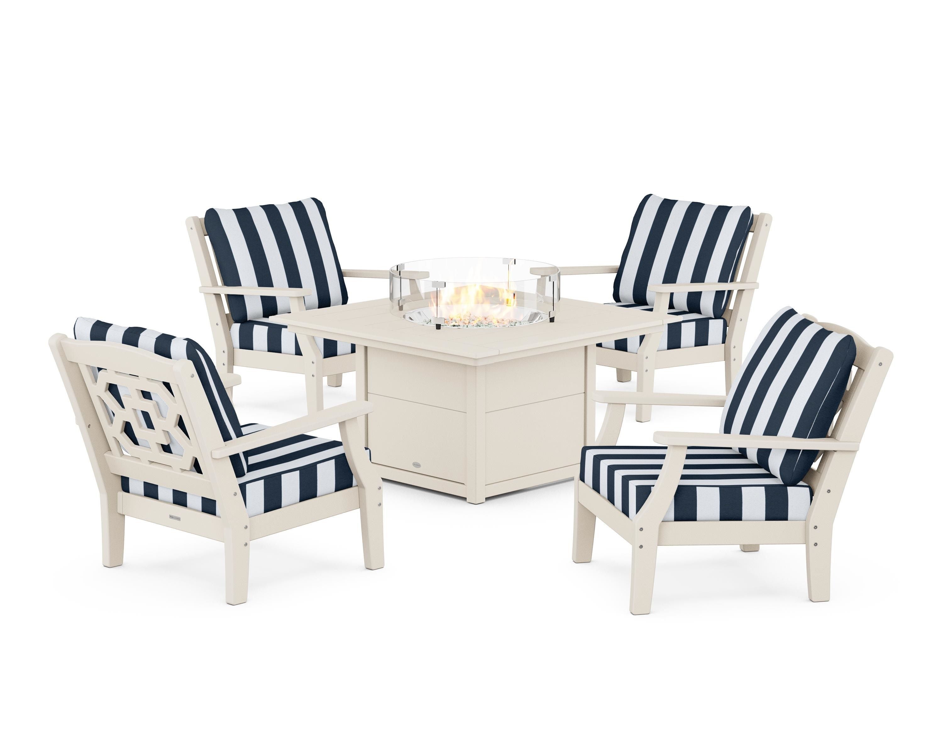 Martha Stewart by POLYWOOD® Chinoiserie 5-Piece Deep Seating Set with Fire Pit Table in Sand / Cabana Stripe Marine Indigo