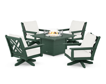 POLYWOOD® Chippendale 5-Piece Deep Seating Swivel Conversation Set with Fire Pit Table in Green / Natural Linen