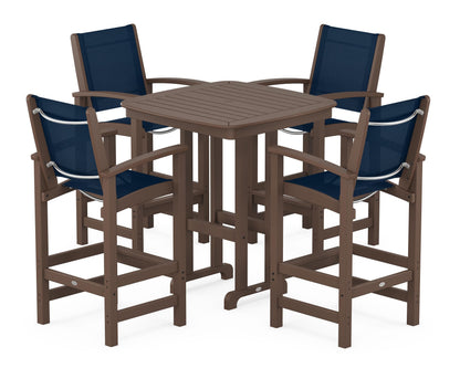 POLYWOOD® Coastal 5-Piece Bar Set in Mahogany / Navy Blue Sling