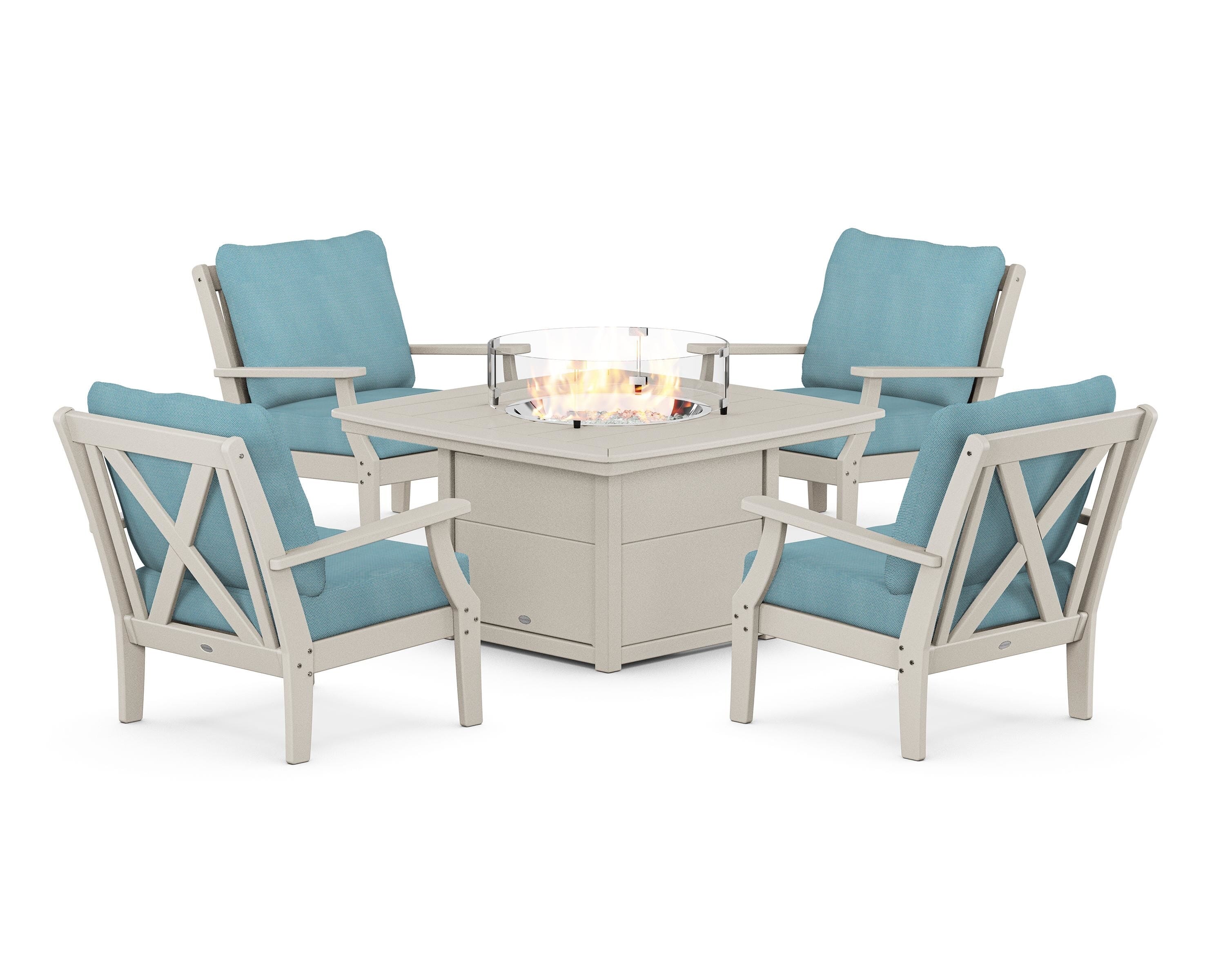 POLYWOOD® Braxton 5-Piece Deep Seating Conversation Set with Fire Pit Table in Sand / Lattice Sky Blue
