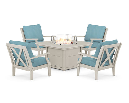POLYWOOD® Braxton 5-Piece Deep Seating Conversation Set with Fire Pit Table in Sand / Lattice Sky Blue