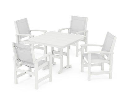 POLYWOOD® Coastal 5-Piece Farmhouse Dining Set in White / White Sling
