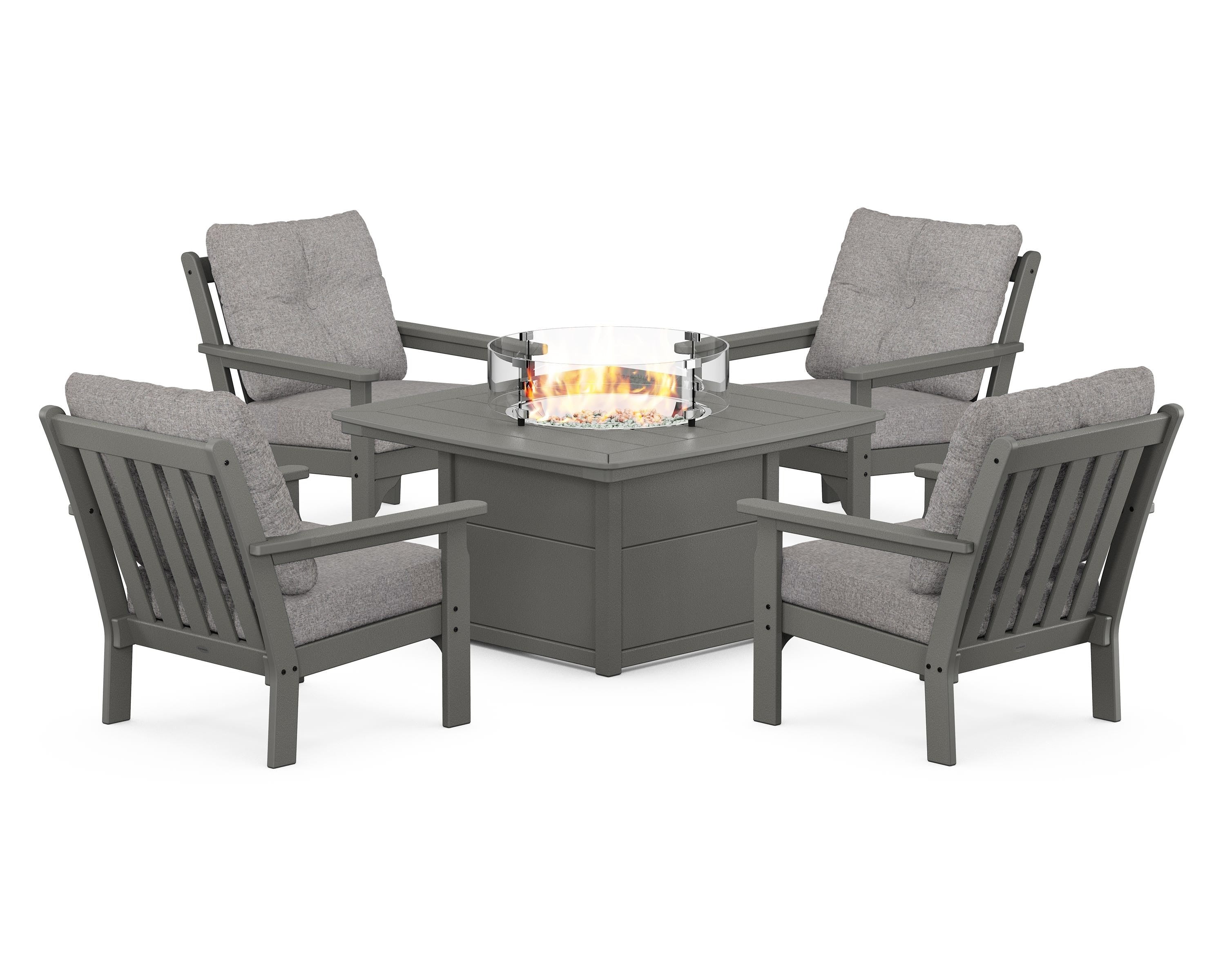 POLYWOOD® Vineyard 5-Piece Conversation Set with Fire Pit Table in Slate Grey / Grey Mist