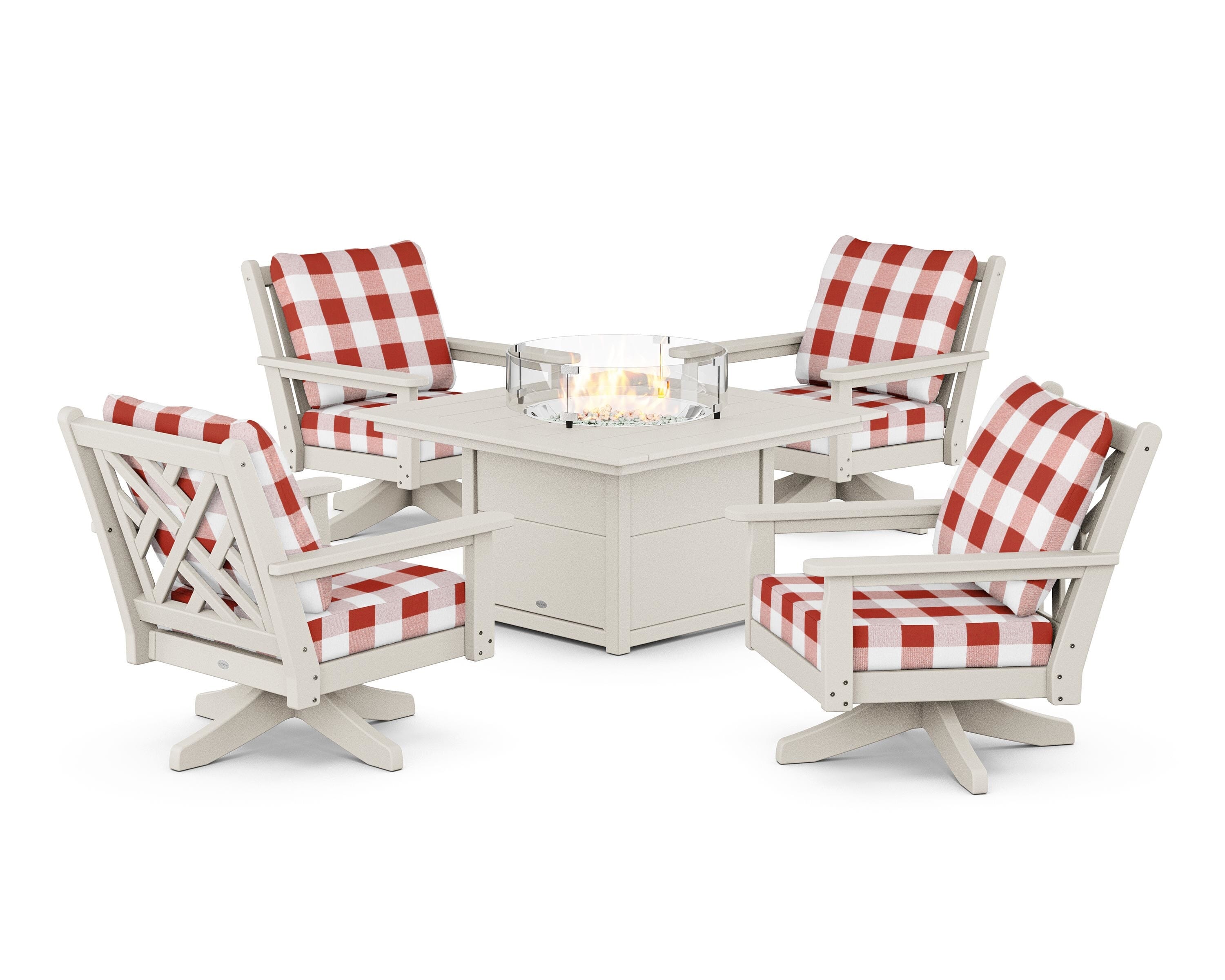 POLYWOOD® Chippendale 5-Piece Deep Seating Swivel Conversation Set with Fire Pit Table in Sand / Buffalo Plaid Crimson