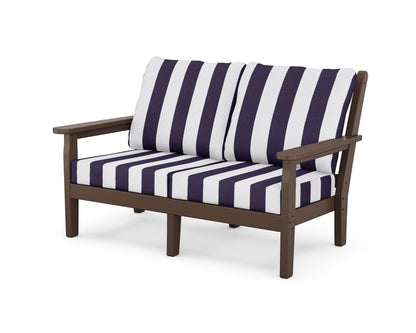 POLYWOOD® Chippendale Deep Seating Loveseat in Mahogany / Cabana Stripe Navy