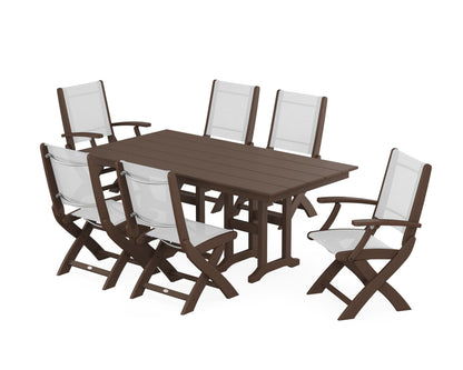 POLYWOOD® Coastal Folding Chair 7-Piece Farmhouse Dining Set in Mahogany / White Sling