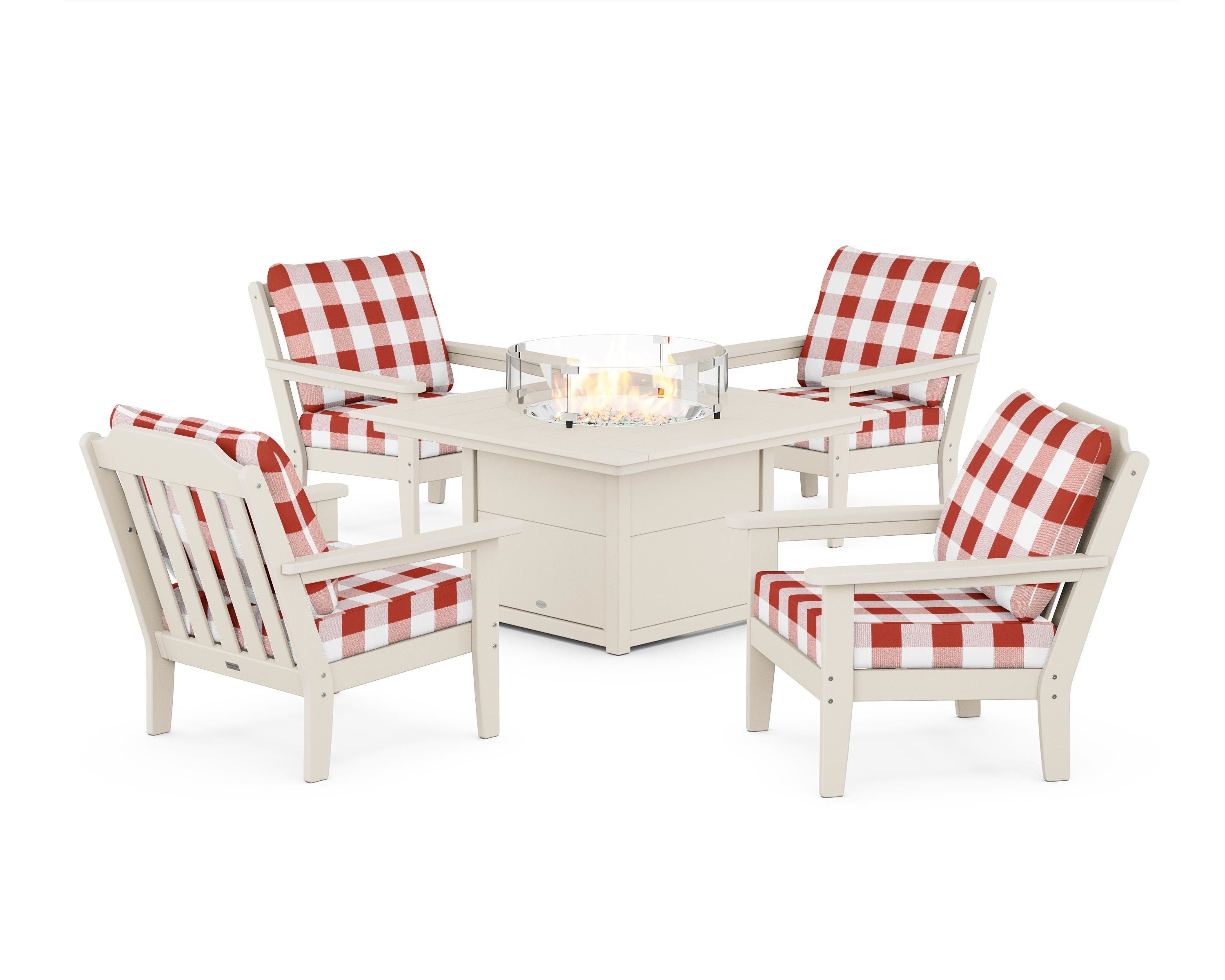 Country Living Cottage 5-Piece Deep Seating Set with Fire Pit Table in Sand / Buffalo Plaid Crimson