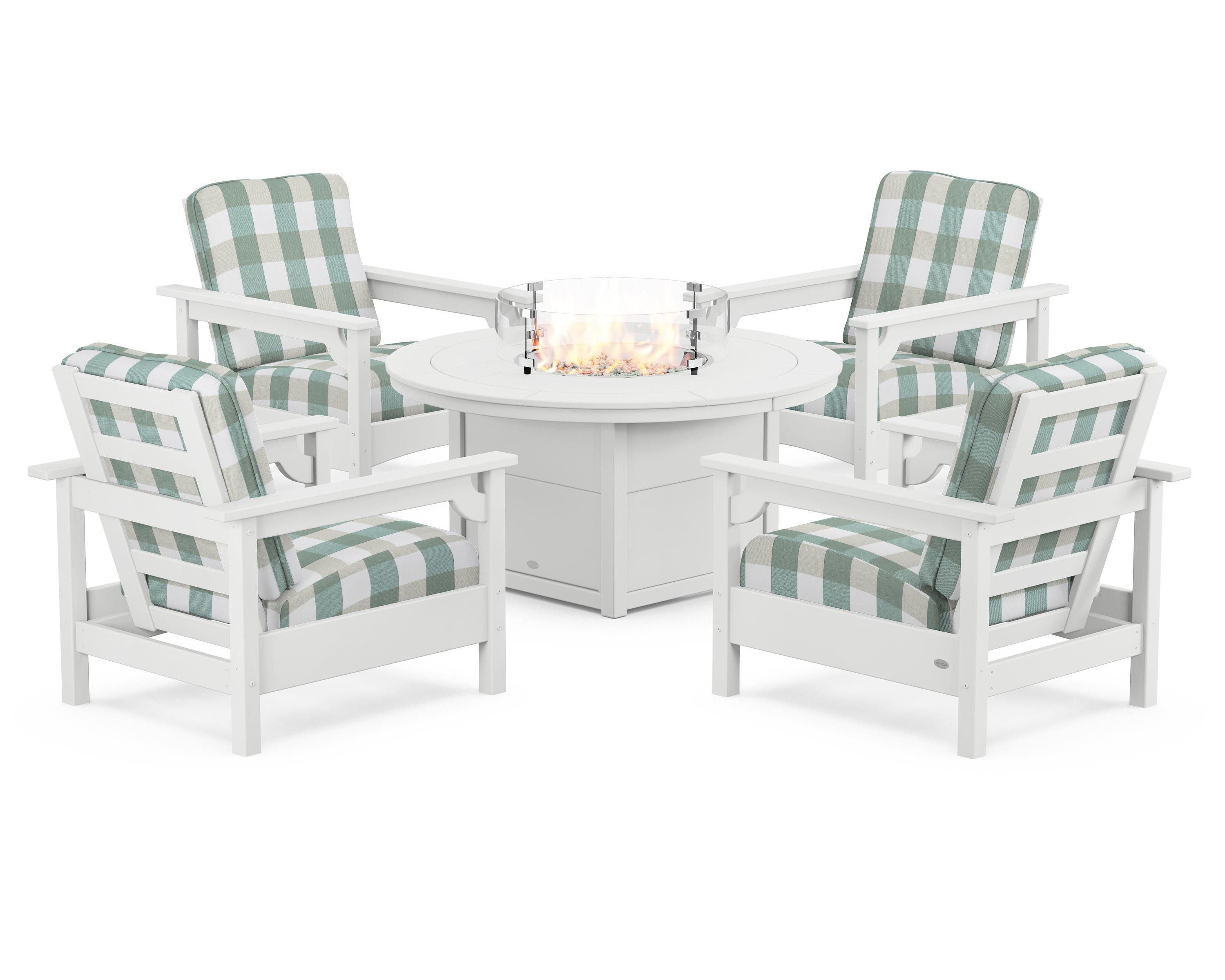 POLYWOOD® Club 5-Piece Conversation Set with Fire Pit Table in White / Buffalo Plaid Glacier Spa