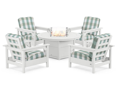 POLYWOOD® Club 5-Piece Conversation Set with Fire Pit Table in White / Buffalo Plaid Glacier Spa