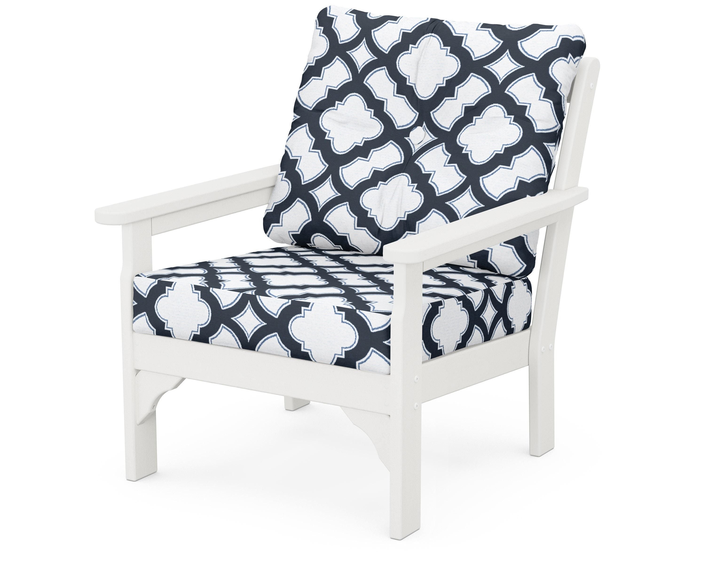 POLYWOOD® Vineyard Deep Seating Chair in Vintage White / Trellis Marine Indigo