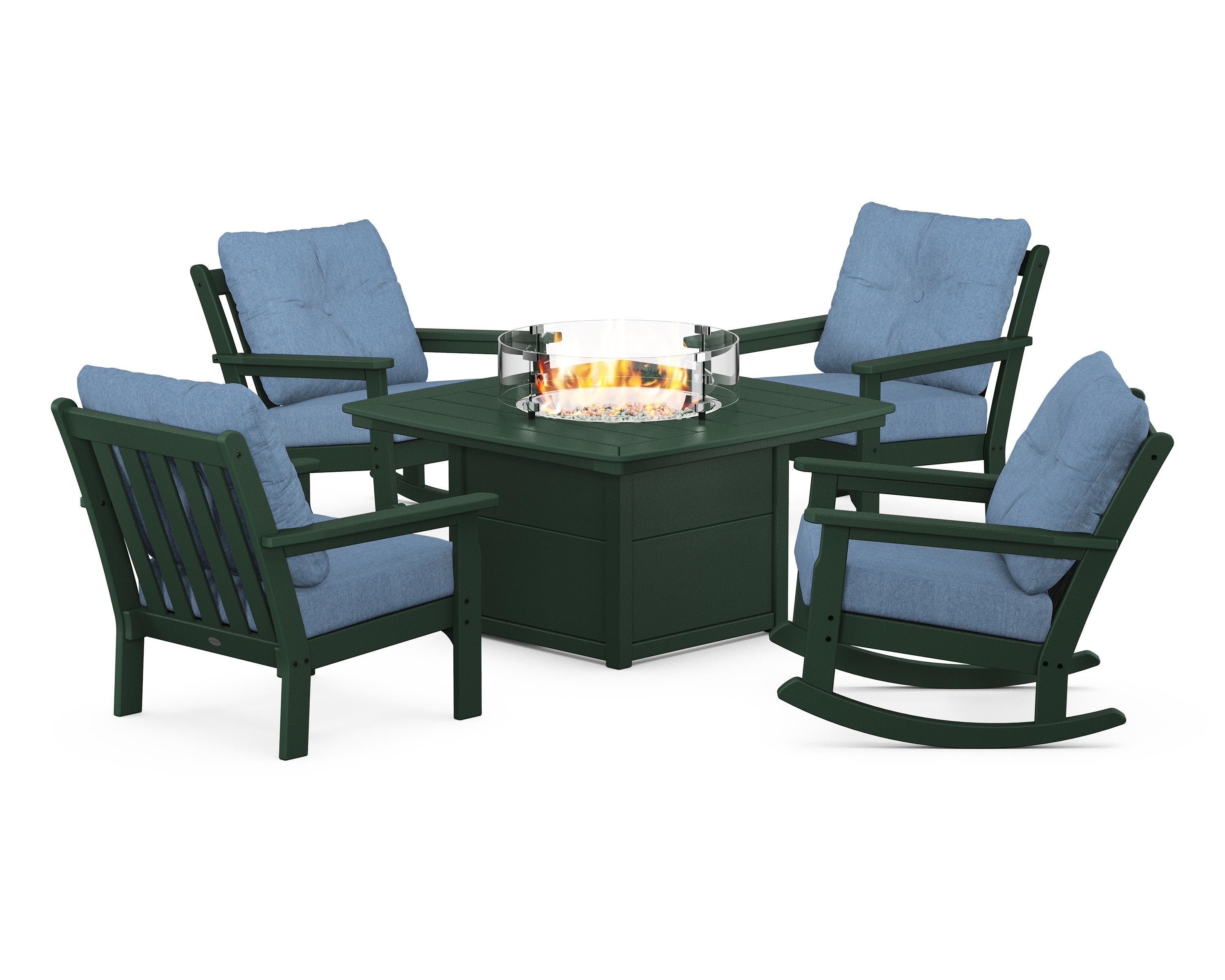 POLYWOOD® Vineyard 5-Piece Deep Seating Rocking Chair Conversation Set with Fire Pit Table in Green / Sky Blue