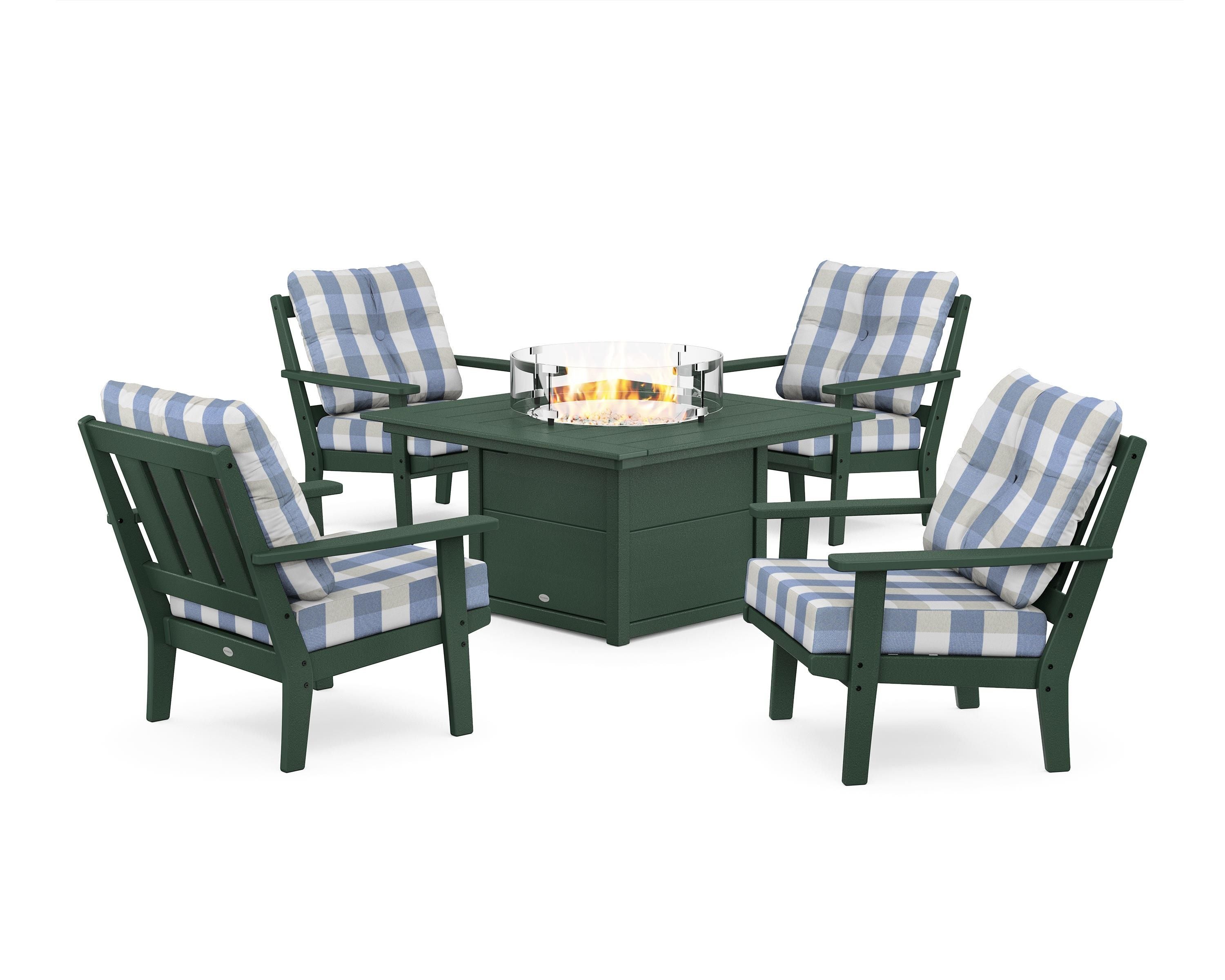 POLYWOOD® Oxford 5-Piece Deep Seating Set with Fire Pit Table in Green / Buffalo Plaid Sky Blue