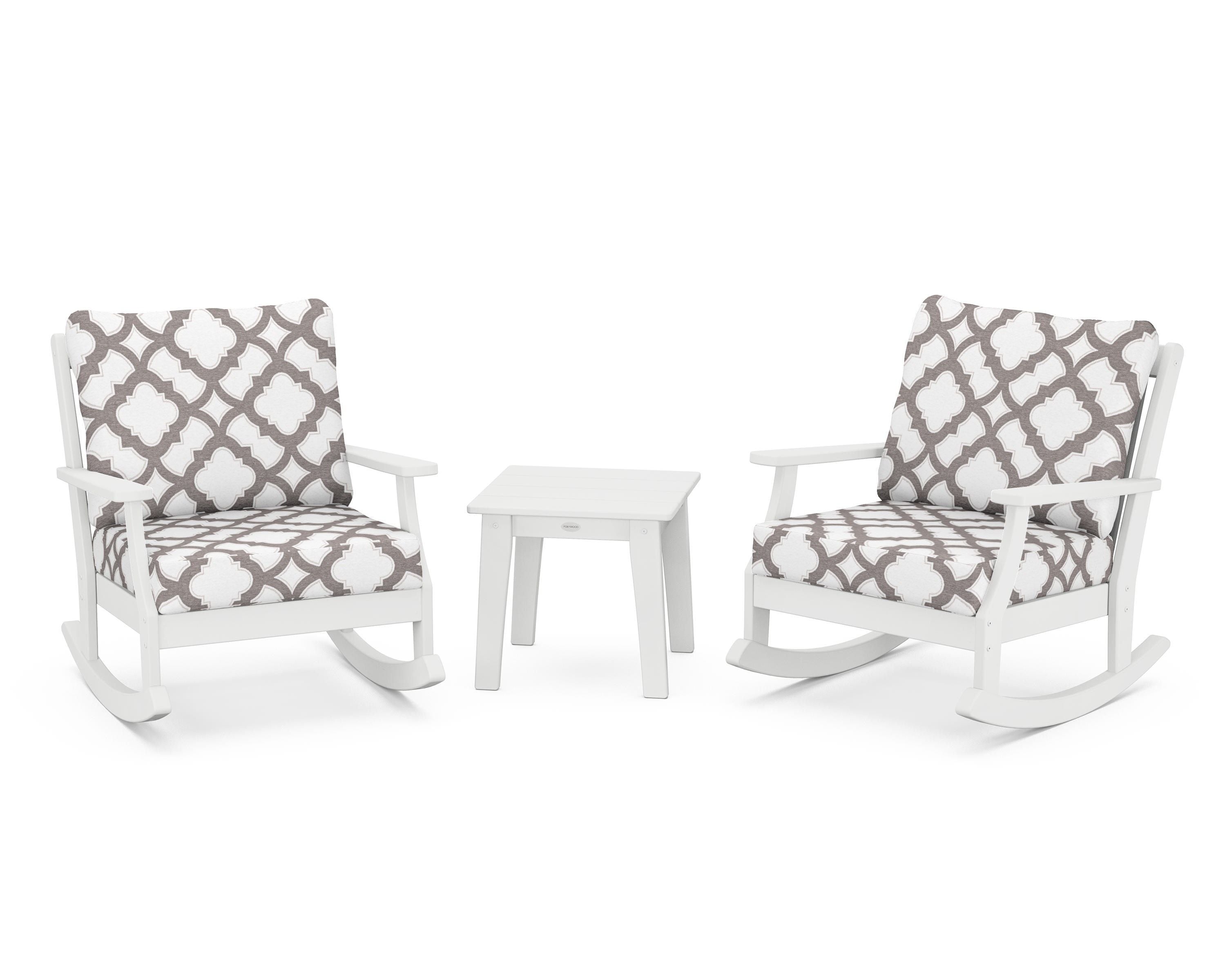 POLYWOOD® Braxton 3-Piece Deep Seating Rocker Set in White / Trellis Grey Mist