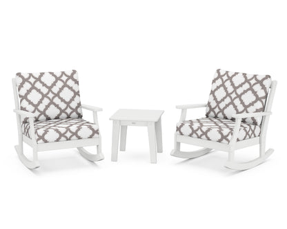 POLYWOOD® Braxton 3-Piece Deep Seating Rocker Set in White / Trellis Grey Mist