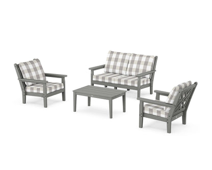 POLYWOOD® Chippendale 4-Piece Deep Seating Set with Loveseat in Slate Grey / Buffalo Plaid Grey Mist