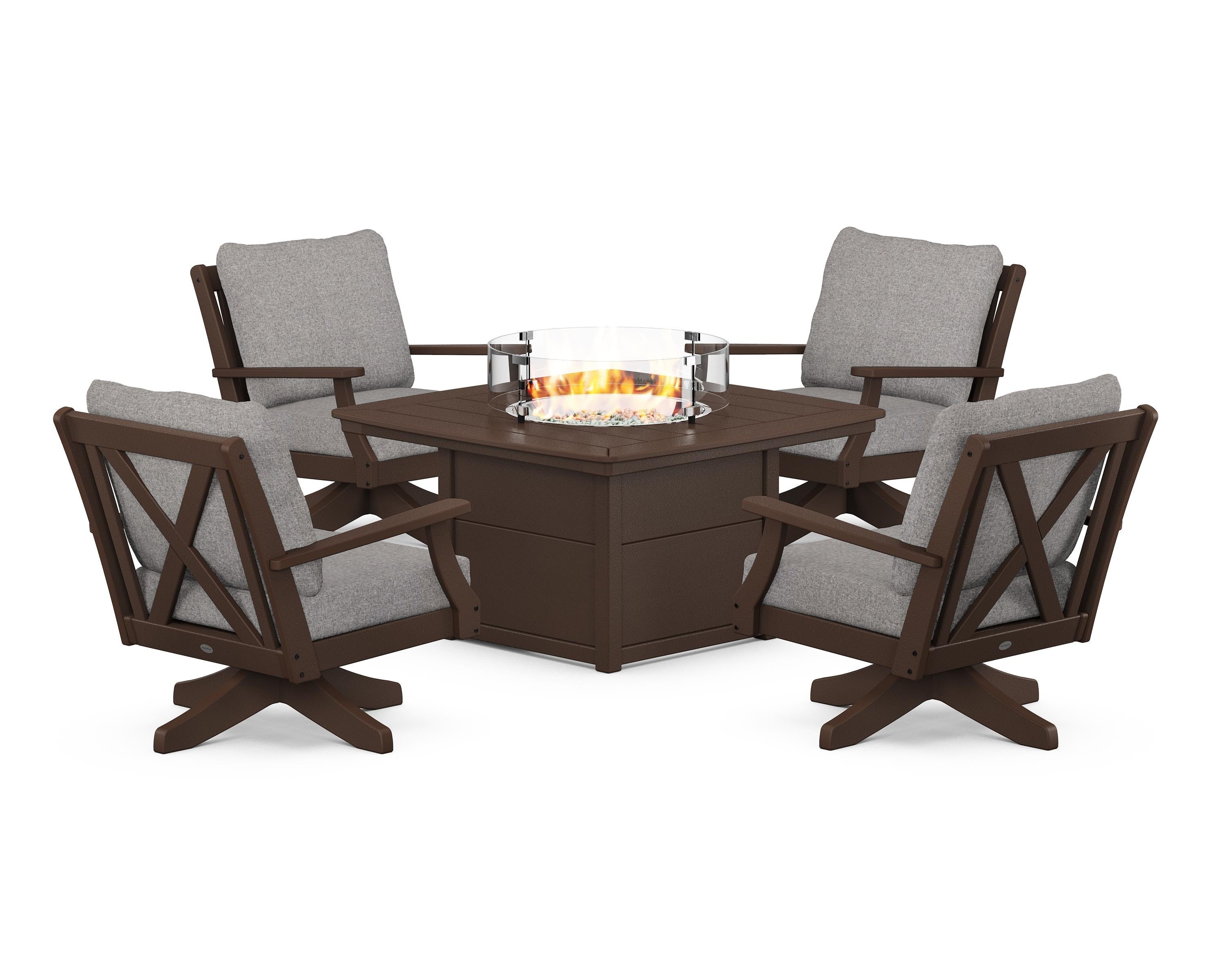 POLYWOOD® Braxton 5-Piece Deep Seating Swivel Conversation Set with Fire Pit Table in Mahogany / Grey Mist