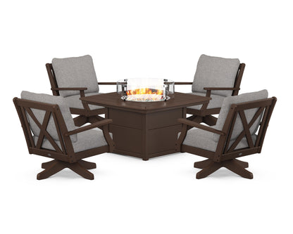 POLYWOOD® Braxton 5-Piece Deep Seating Swivel Conversation Set with Fire Pit Table in Mahogany / Grey Mist