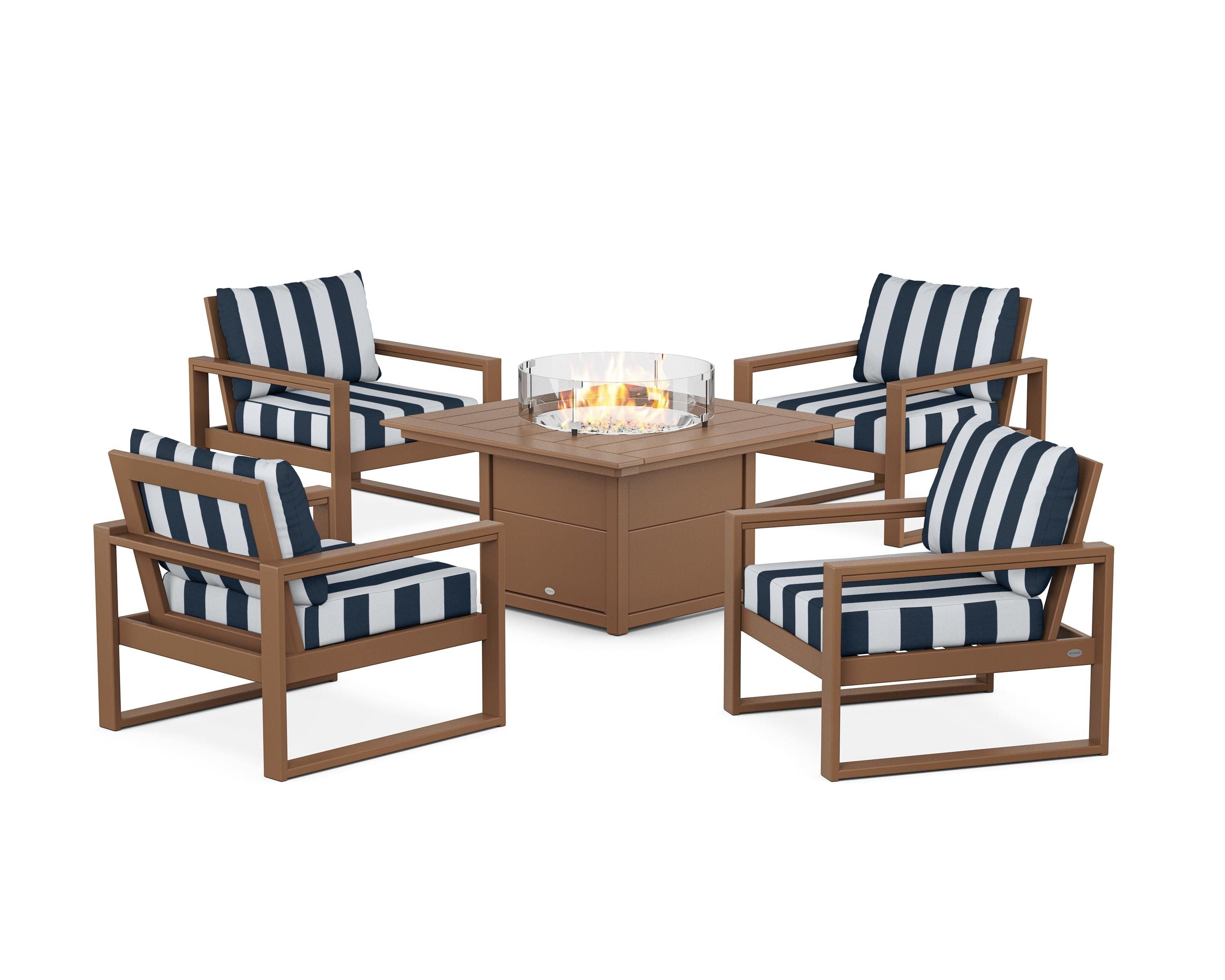 POLYWOOD® EDGE Sectional 5-Piece Deep Seating Set with Fire Pit Table in Teak / Cabana Stripe Marine Indigo