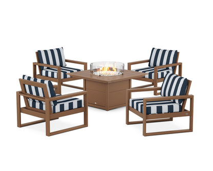 POLYWOOD® EDGE Sectional 5-Piece Deep Seating Set with Fire Pit Table in Teak / Cabana Stripe Marine Indigo