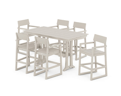 POLYWOOD® EDGE Arm Chair 7-Piece Farmhouse Bar Set with Trestle Legs in Sand