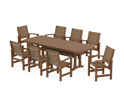 POLYWOOD® Coastal 9-Piece Dining Set with Trestle Legs in Teak / Burlap Sling