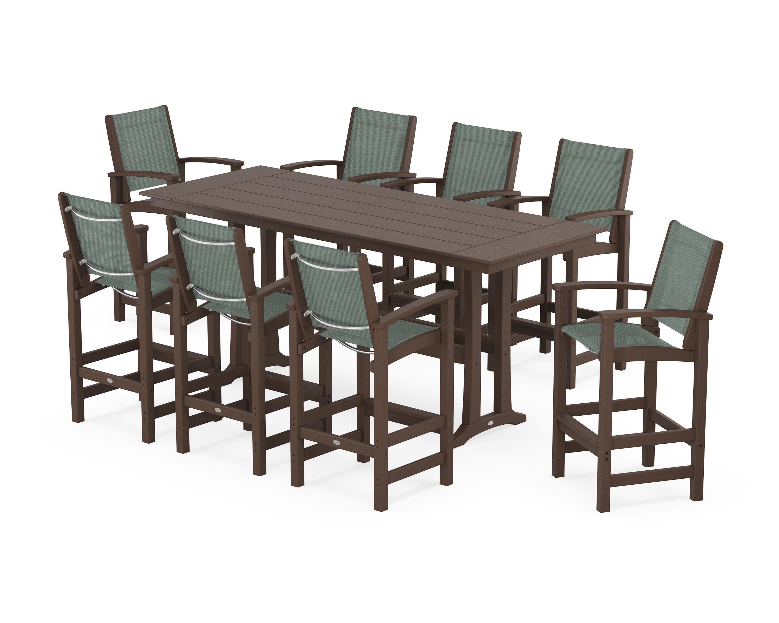 POLYWOOD® Coastal 9-Piece Farmhouse Bar Set with Trestle Legs in Mahogany / Dupioni Sea Mist Sling