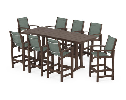 POLYWOOD® Coastal 9-Piece Farmhouse Bar Set with Trestle Legs in Mahogany / Dupioni Sea Mist Sling