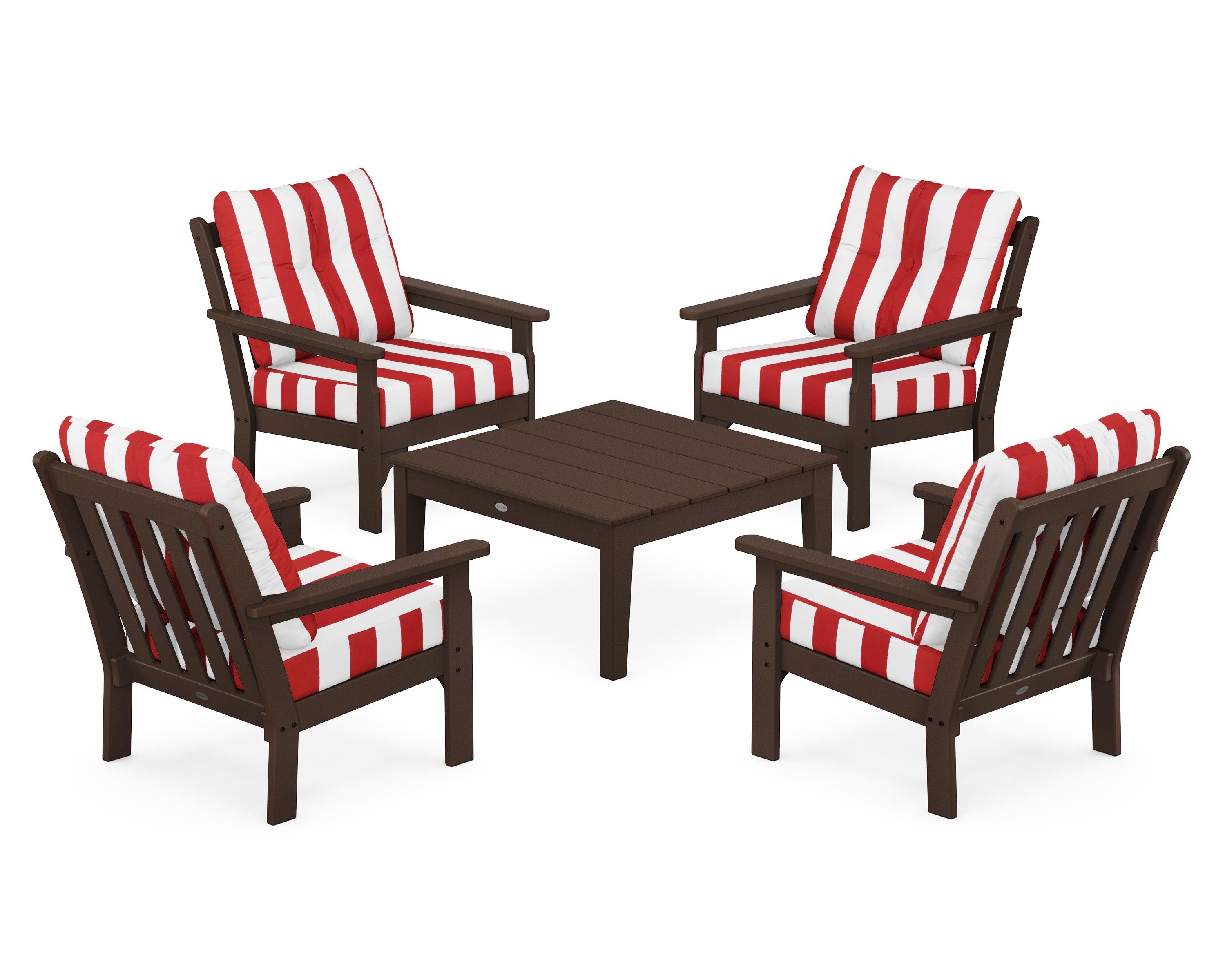 POLYWOOD® Vineyard 5-Piece Deep Seating Conversation Set in Mahogany / Cabana Stripe Crimson