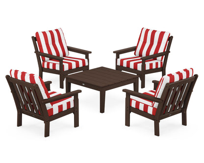 POLYWOOD® Vineyard 5-Piece Deep Seating Conversation Set in Mahogany / Cabana Stripe Crimson