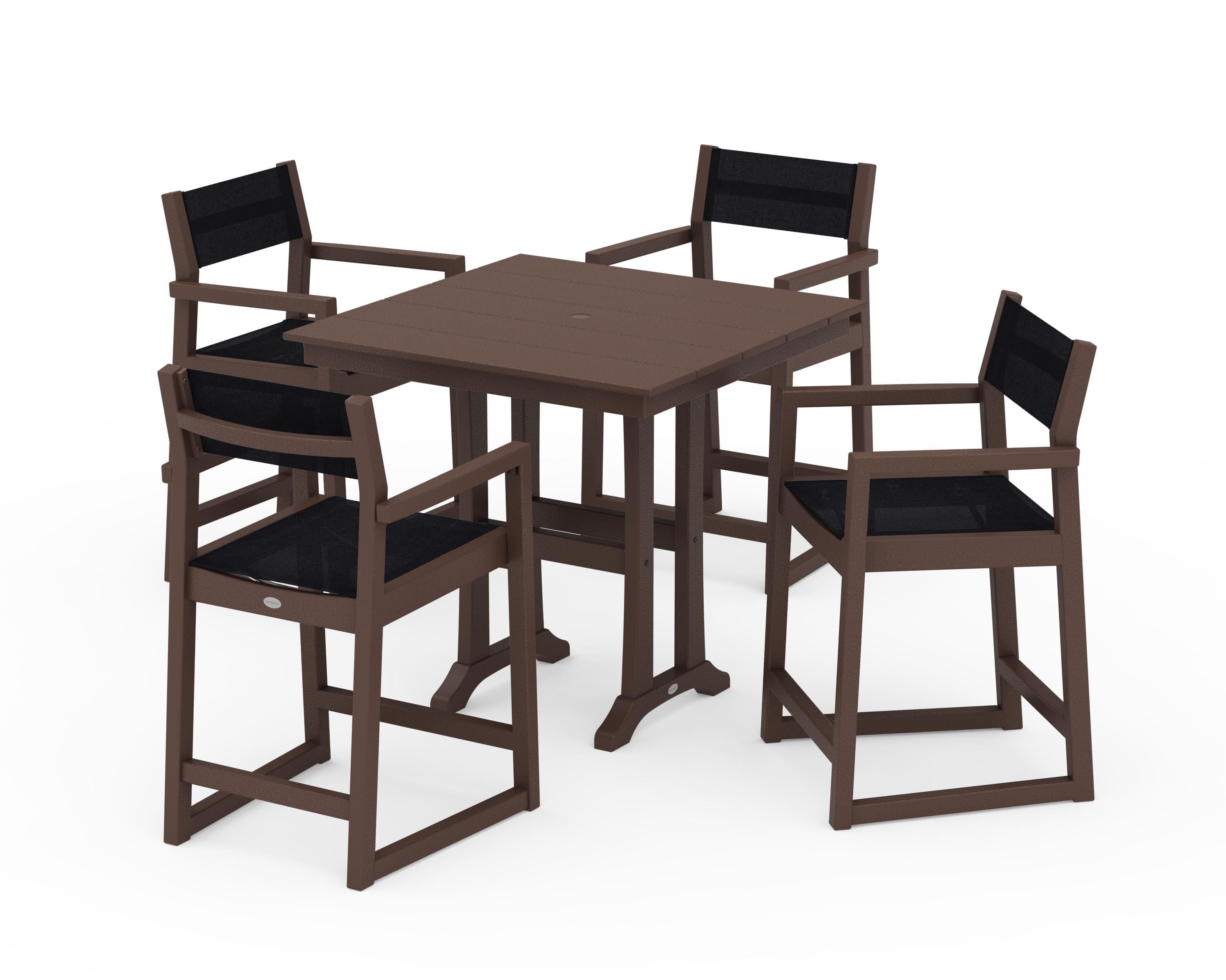 POLYWOOD® EDGE Sling Arm Chair 5-Piece Farmhouse Counter Set with Trestle Legs in Mahogany / Black Sling