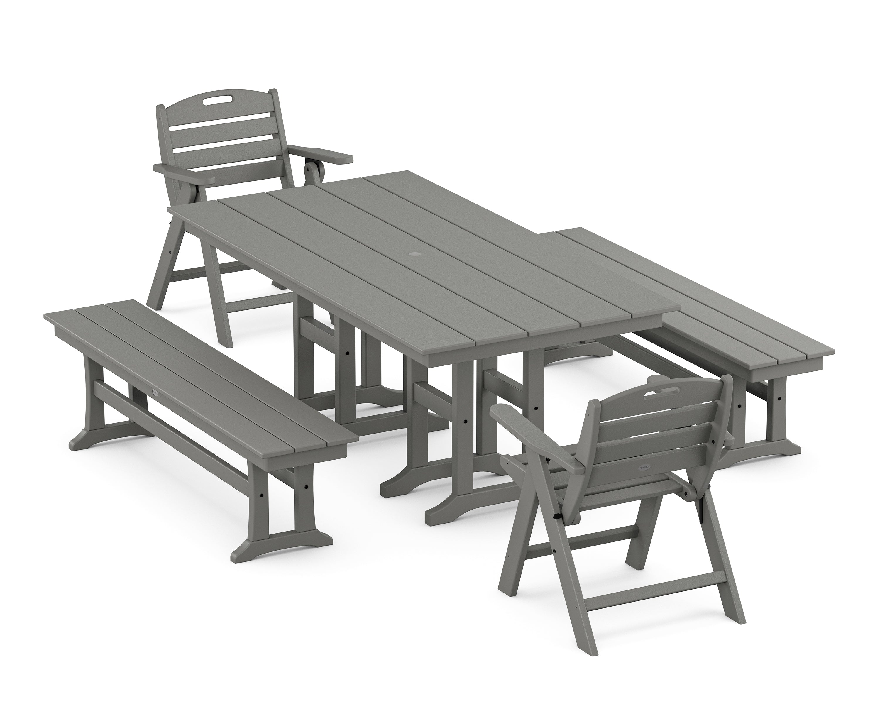 POLYWOOD® Nautical Lowback 5-Piece Farmhouse Dining Set with Benches in Slate Grey