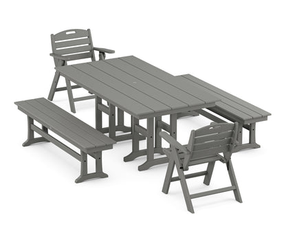 POLYWOOD® Nautical Lowback 5-Piece Farmhouse Dining Set with Benches in Slate Grey