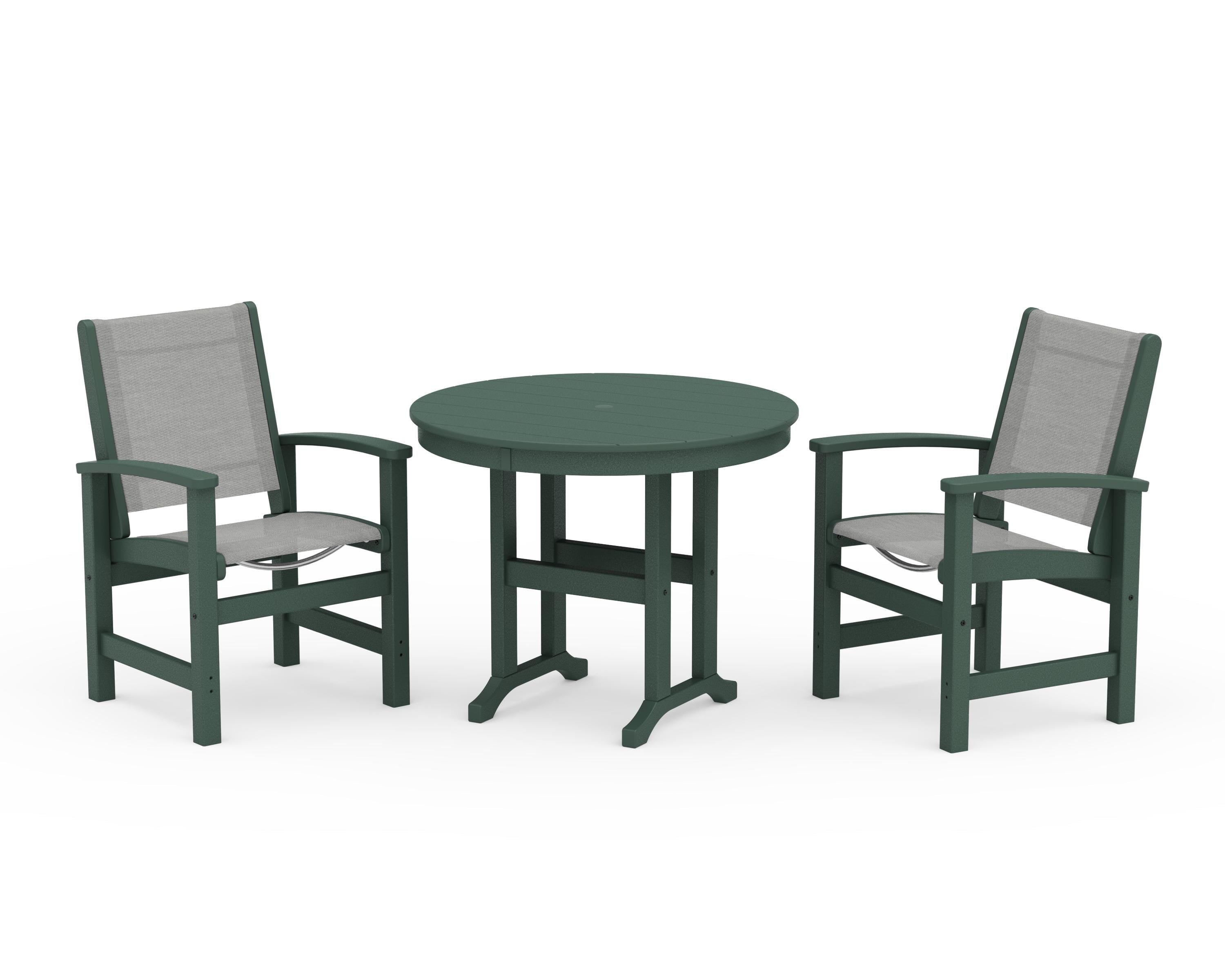 POLYWOOD® Coastal 3-Piece Round Dining Set in Green / Metallic Sling