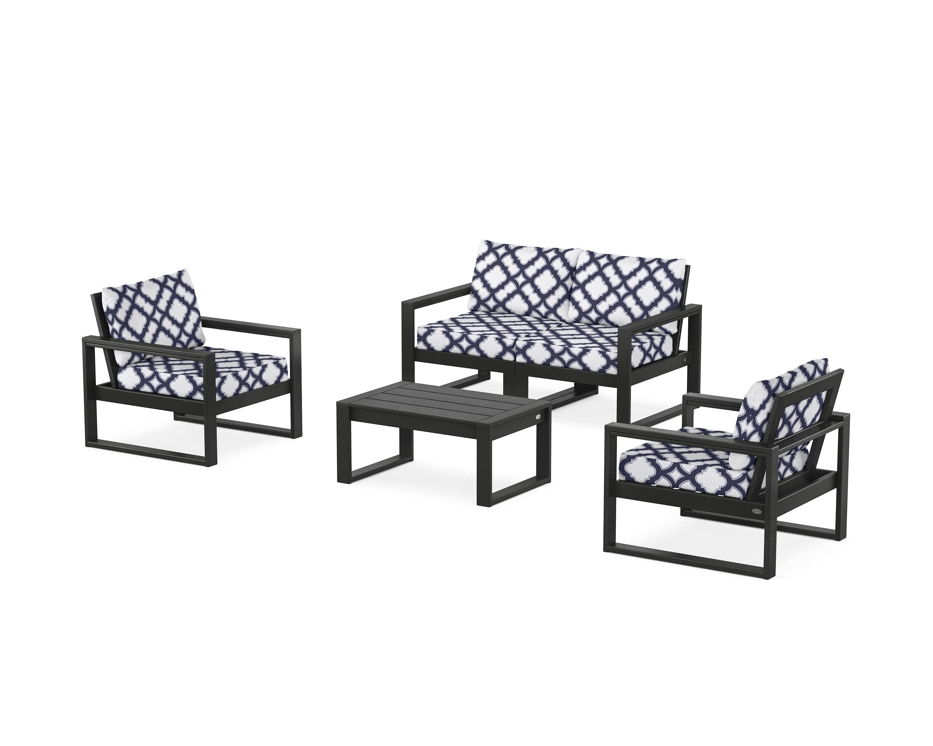 POLYWOOD® EDGE Sectional 4-Piece Deep Seating Set with Loveseat in Black / Trellis Navy