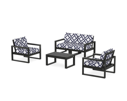 POLYWOOD® EDGE Sectional 4-Piece Deep Seating Set with Loveseat in Black / Trellis Navy