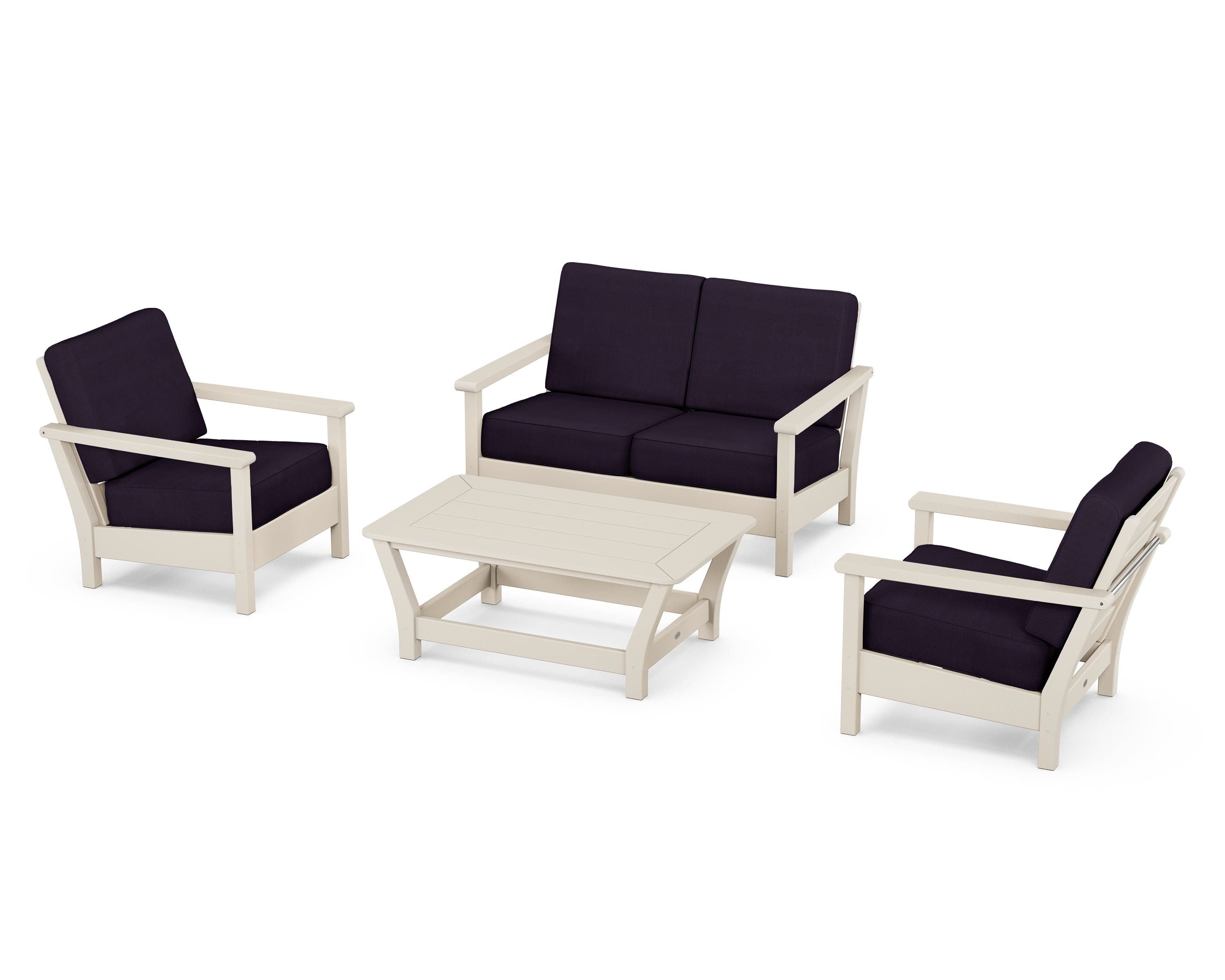 POLYWOOD® Harbour 4-Piece Deep Seating Set in Sand / Navy Linen