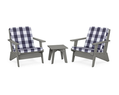 POLYWOOD® Riviera Modern Lounge 3-Piece Set in Slate Grey / Buffalo Plaid Navy