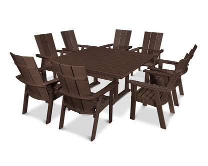 POLYWOOD® Modern Curveback Adirondack 9-Piece Farmhouse Trestle Dining Set in Mahogany