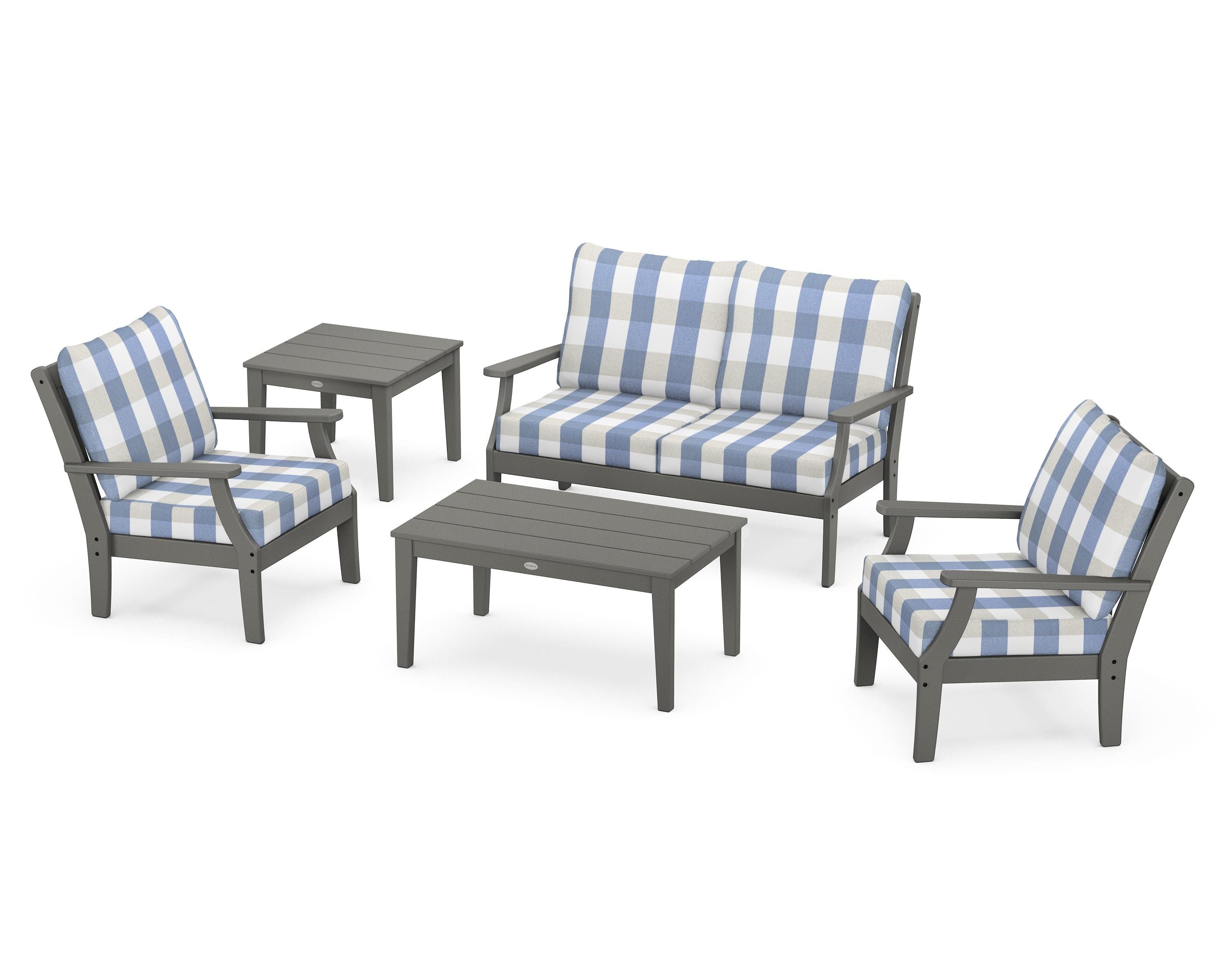 POLYWOOD® Braxton 5-Piece Deep Seating Set in Slate Grey / Buffalo Plaid Sky Blue