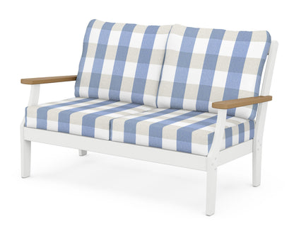 POLYWOOD® Braxton Deep Seating Loveseat in White / Natural / Buffalo Plaid Sky Blue