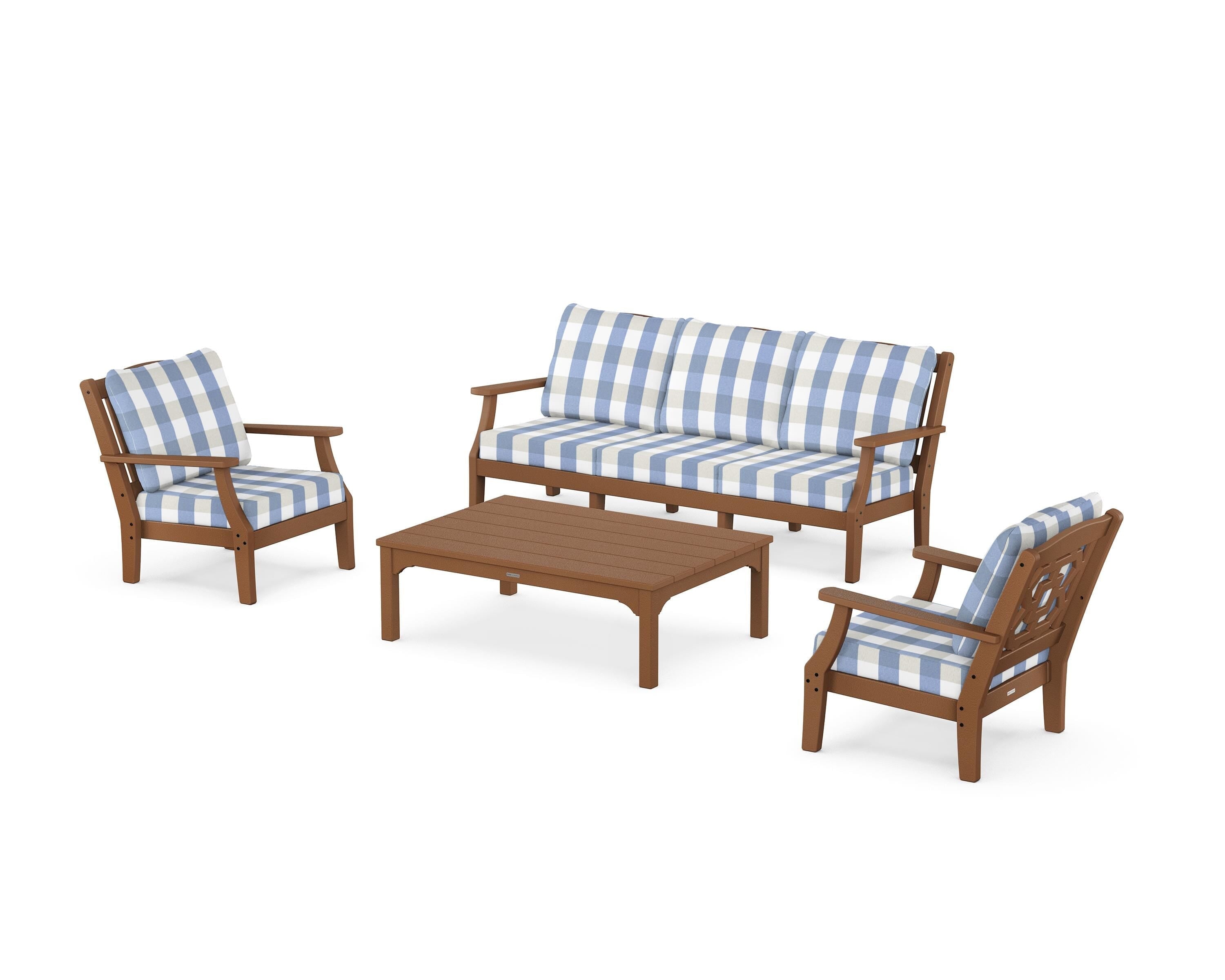Martha Stewart by POLYWOOD® Chinoiserie 4-Piece Deep Seating Set with Sofa in Teak / Buffalo Plaid Sky Blue