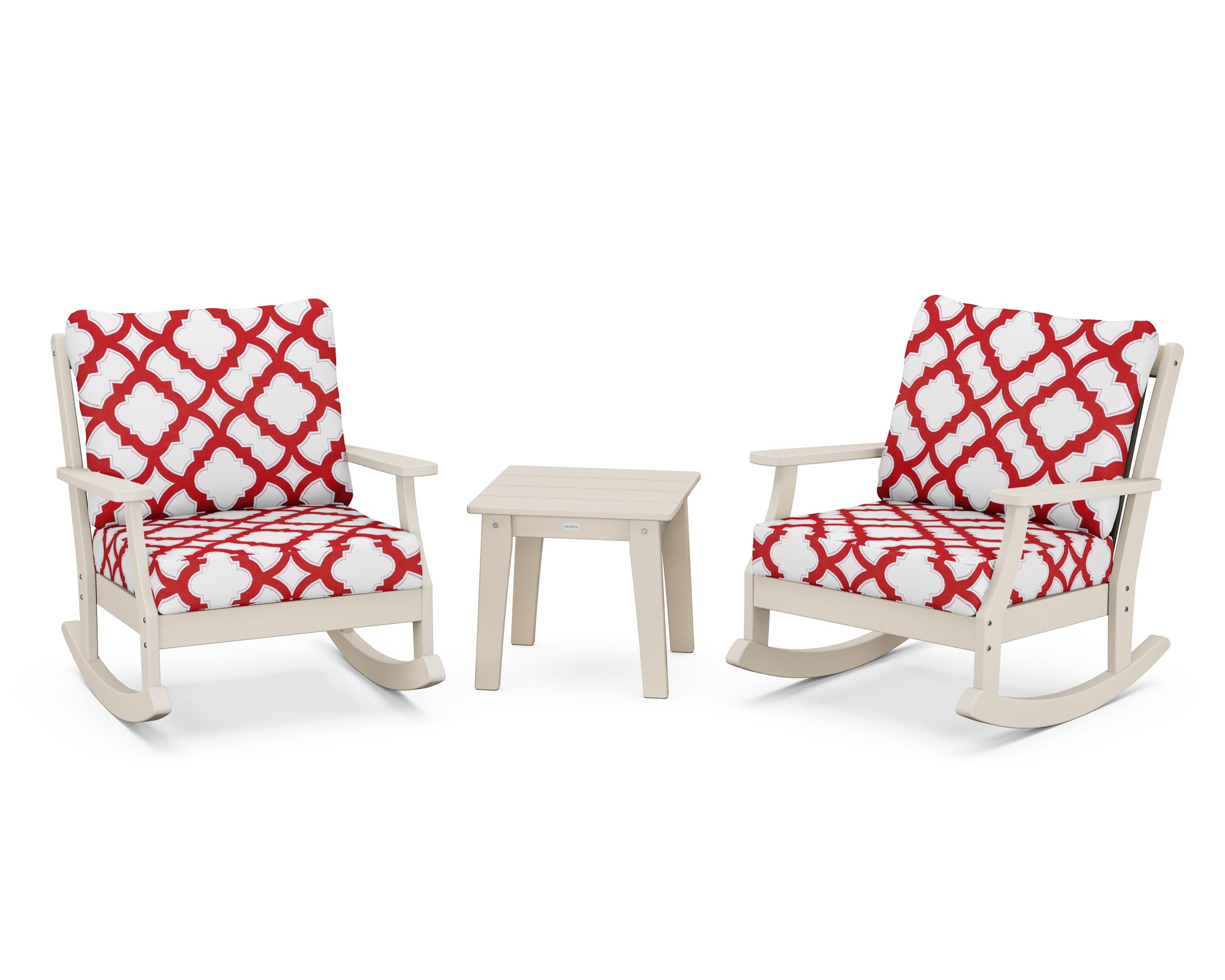 POLYWOOD® Braxton 3-Piece Deep Seating Rocker Set in Sand / Trellis Crimson