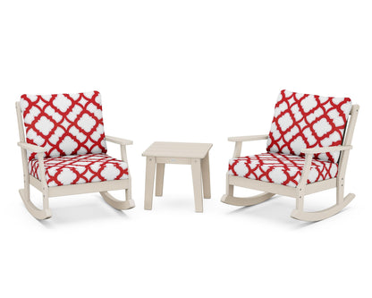 POLYWOOD® Braxton 3-Piece Deep Seating Rocker Set in Sand / Trellis Crimson