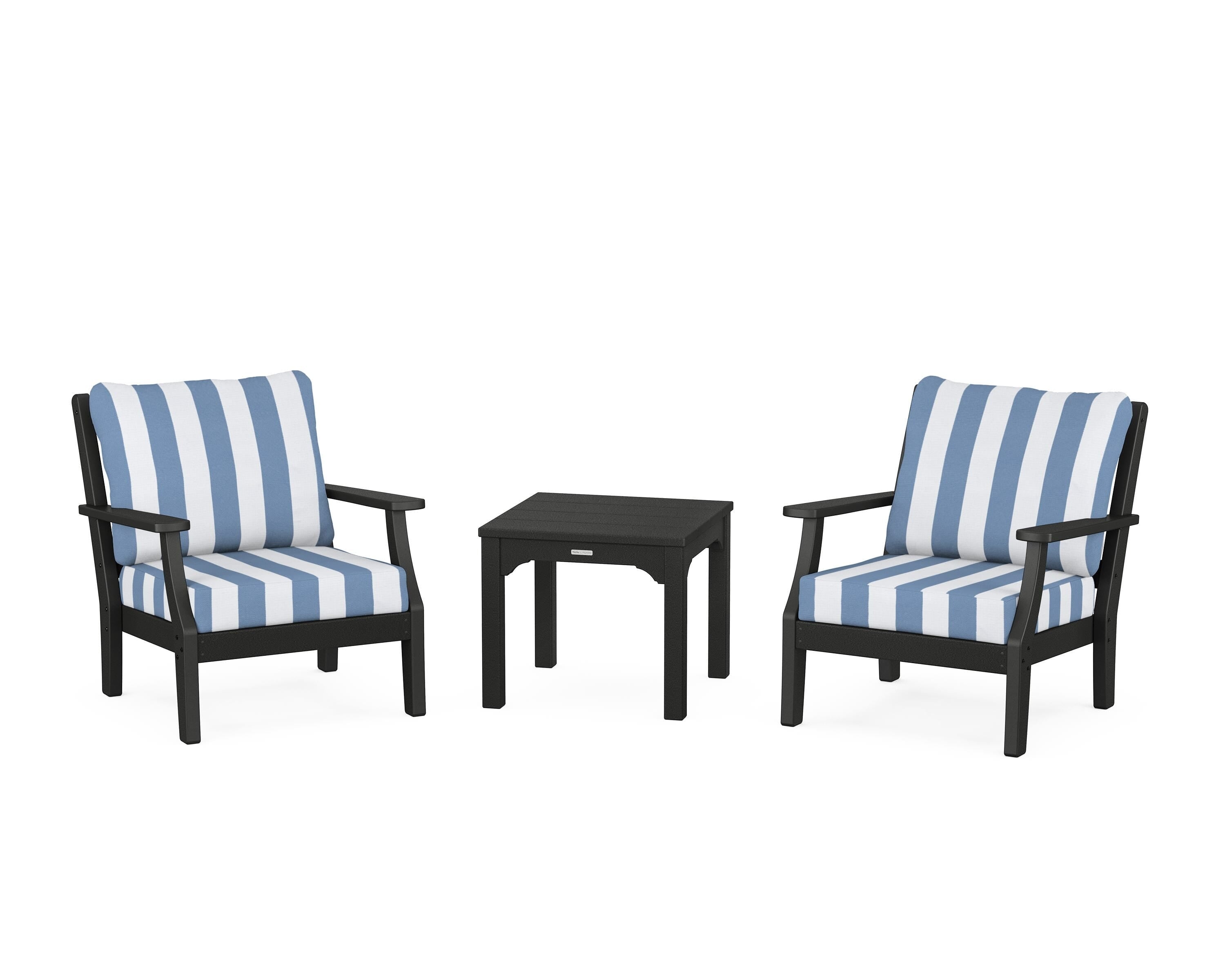 Martha Stewart by POLYWOOD® Chinoiserie 3-Piece Deep Seating Set in Black / Cabana Stripe Sky Blue