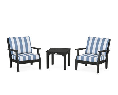 Martha Stewart by POLYWOOD® Chinoiserie 3-Piece Deep Seating Set in Black / Cabana Stripe Sky Blue