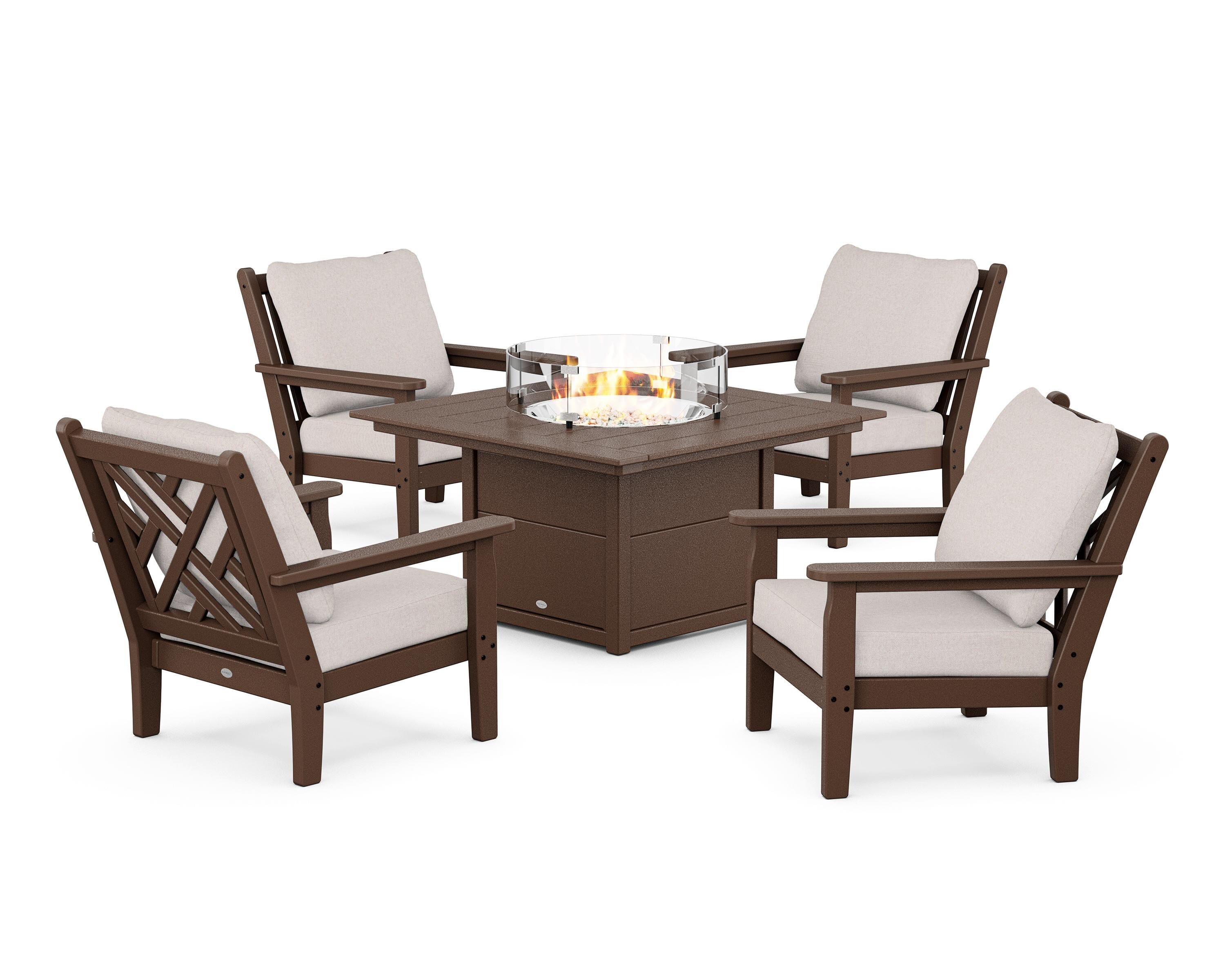 POLYWOOD® Chippendale 5-Piece Deep Seating Set with Fire Pit Table in Mahogany / Dune Burlap